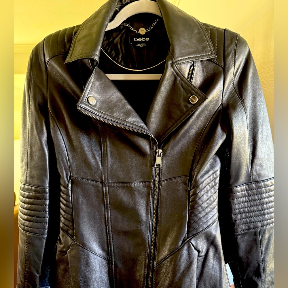 Bebe Women's Black Leather Moto Jacket w/Peplum Style